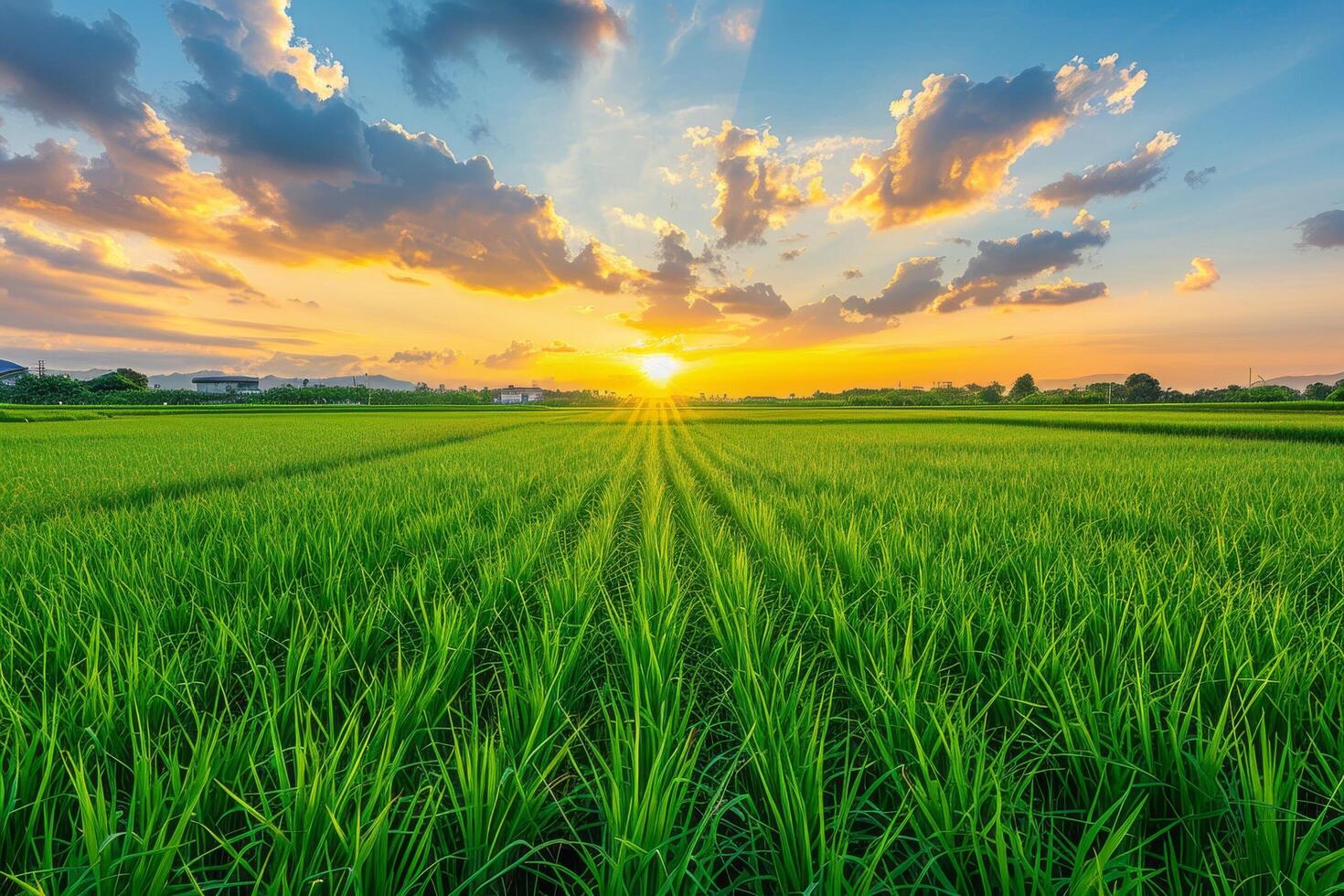Golden Sunset Over Rice Paddy Fields photo