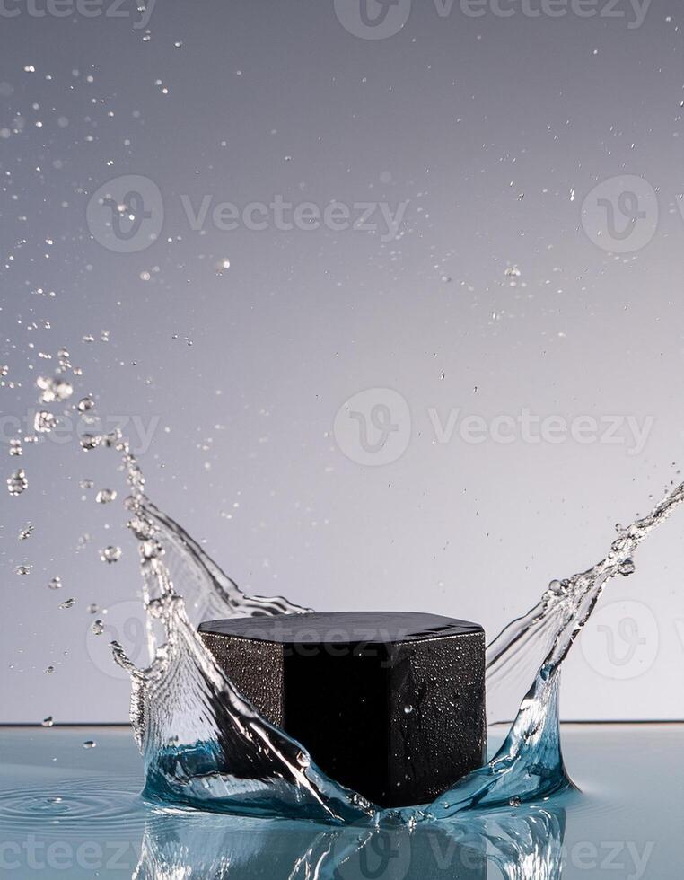 empty black podium mockup with water splash on a grey gradient background for product display photo