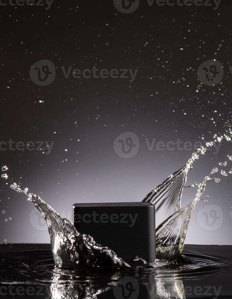 empty black podium mockup with water splash on a black gradient background for product display photo