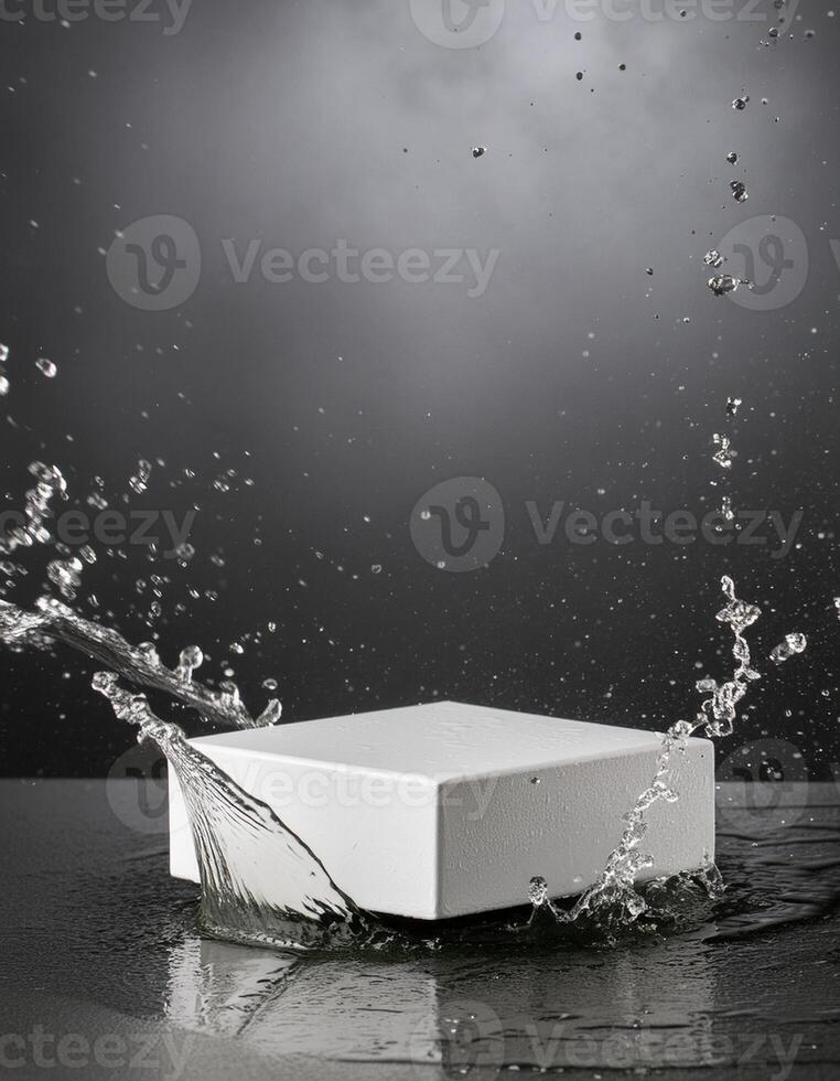 empty podium mockup with water splash on a grey gradient background for product display photo