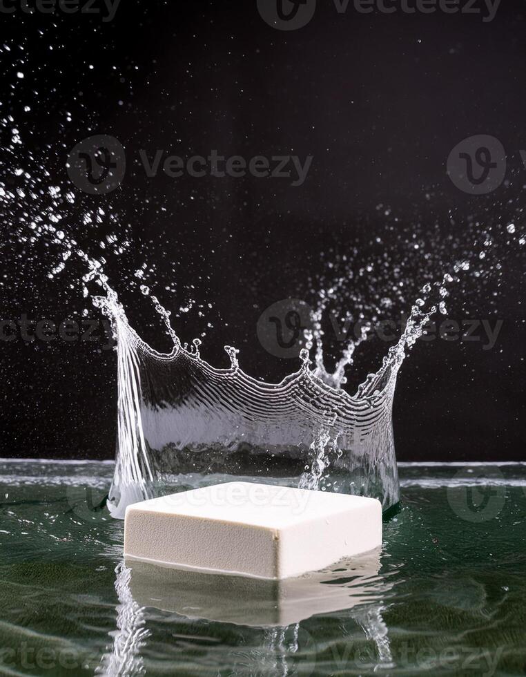empty podium mockup with water splash on a black gradient background for product display photo