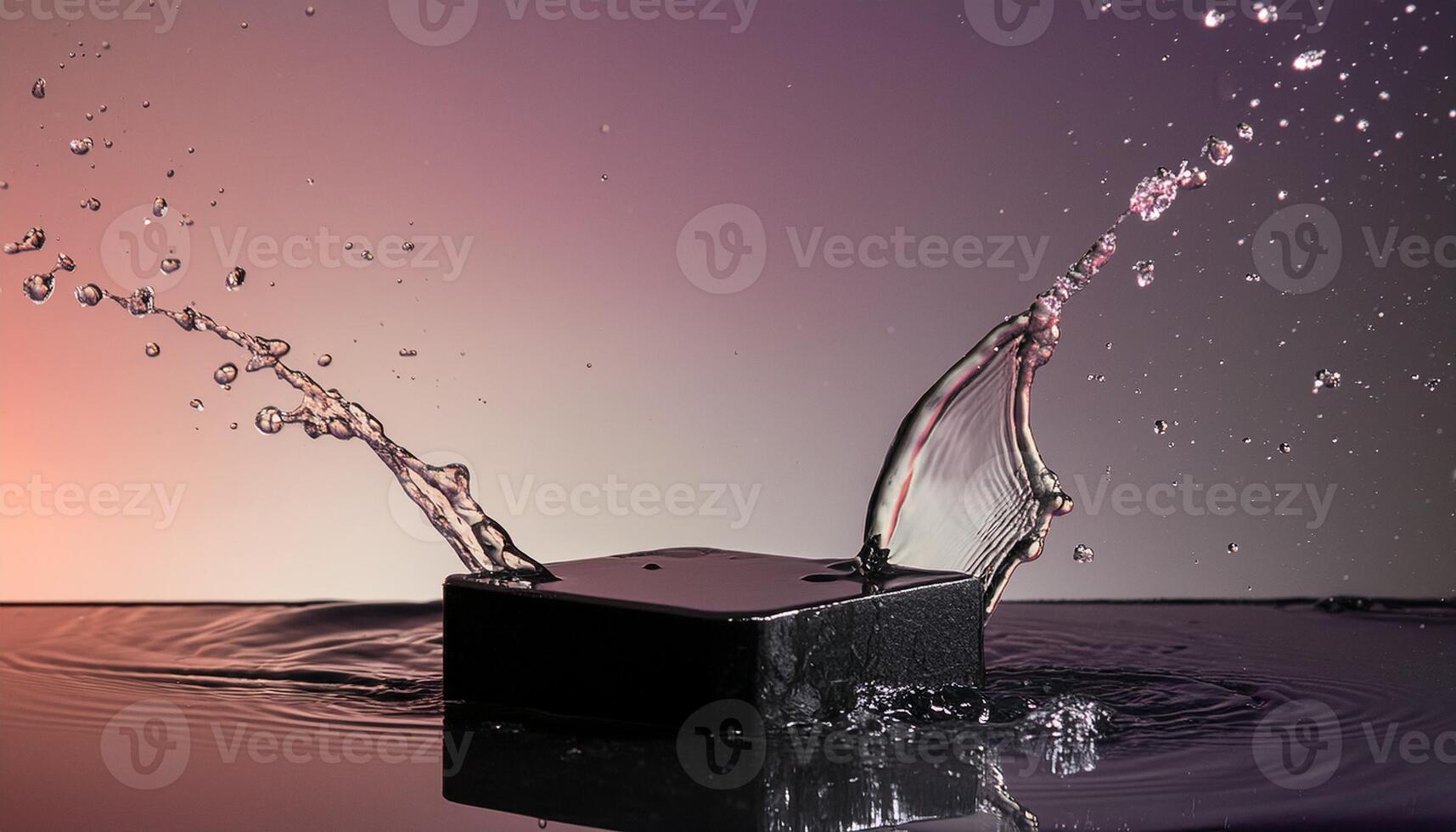 empty podium mockup with water splash on a orange gradient background for product display photo