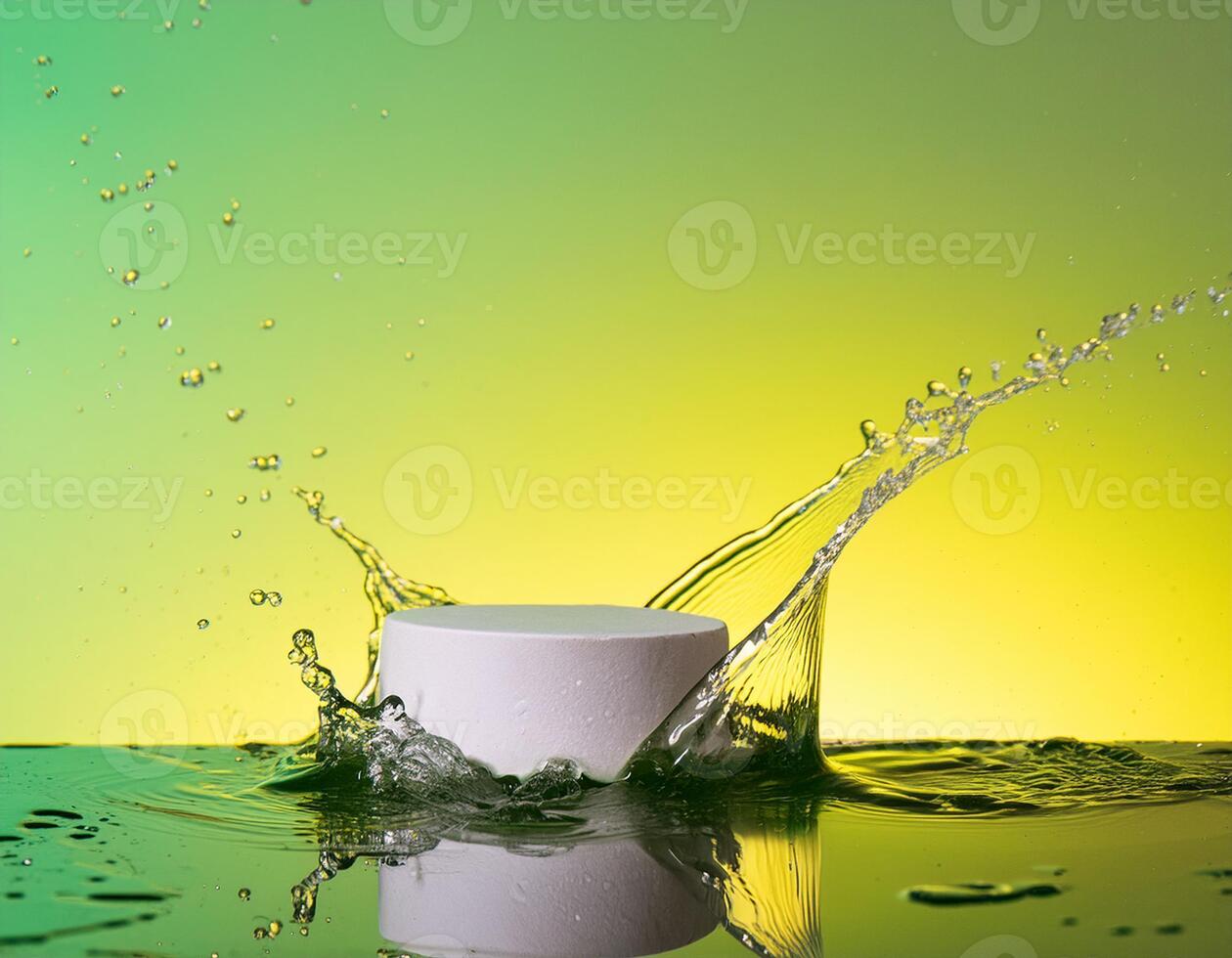 empty podium mockup with water splash on a green gradient background for product display photo