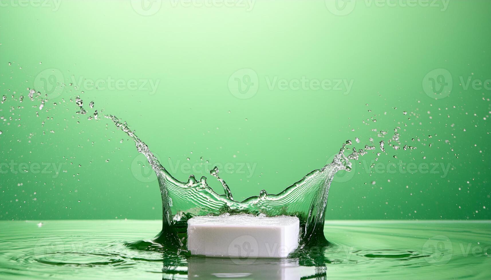 empty podium mockup with water splash on a green gradient background for product display photo