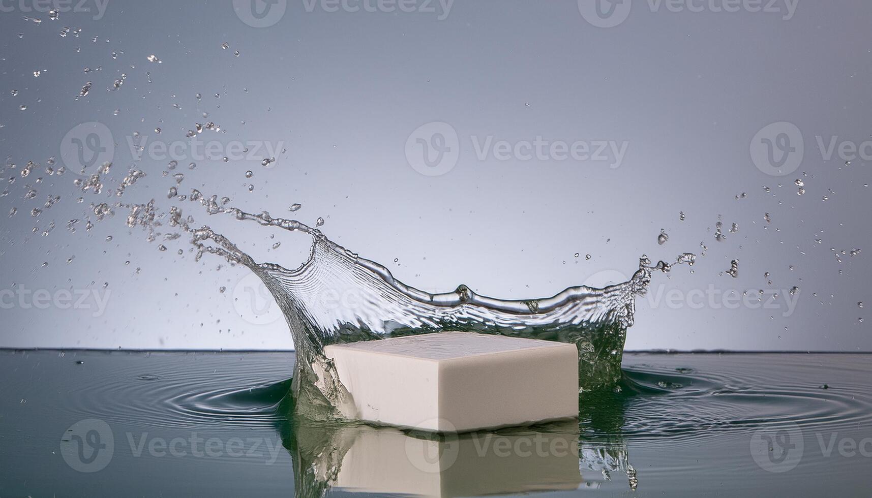 empty podium mockup with water splash on a grey and yellow gradient background for product display photo