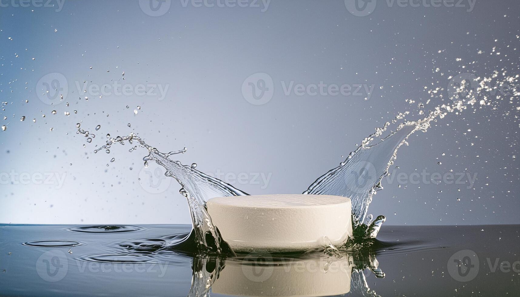 empty podium mockup with water splash on a grey and yellow gradient background for product display photo