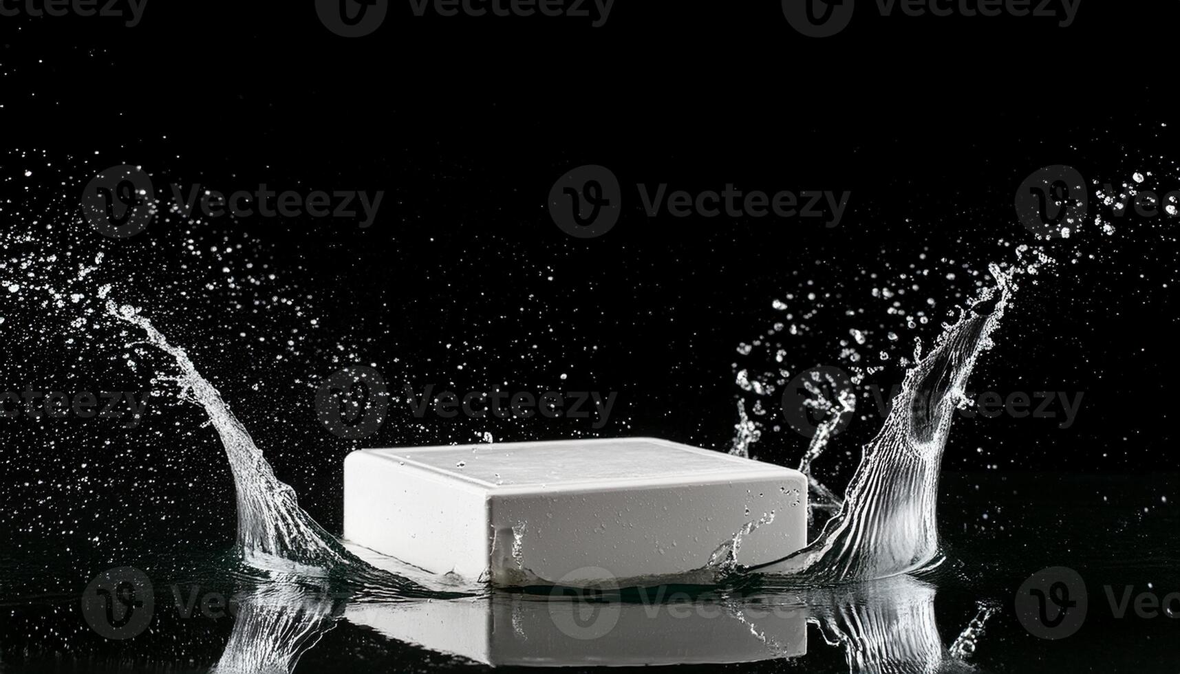 empty podium mockup with water splash on a black gradient background for product display photo