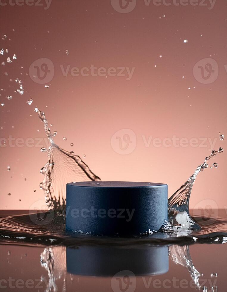 empty blue podium mockup with water splash on a gradient background for product display photo