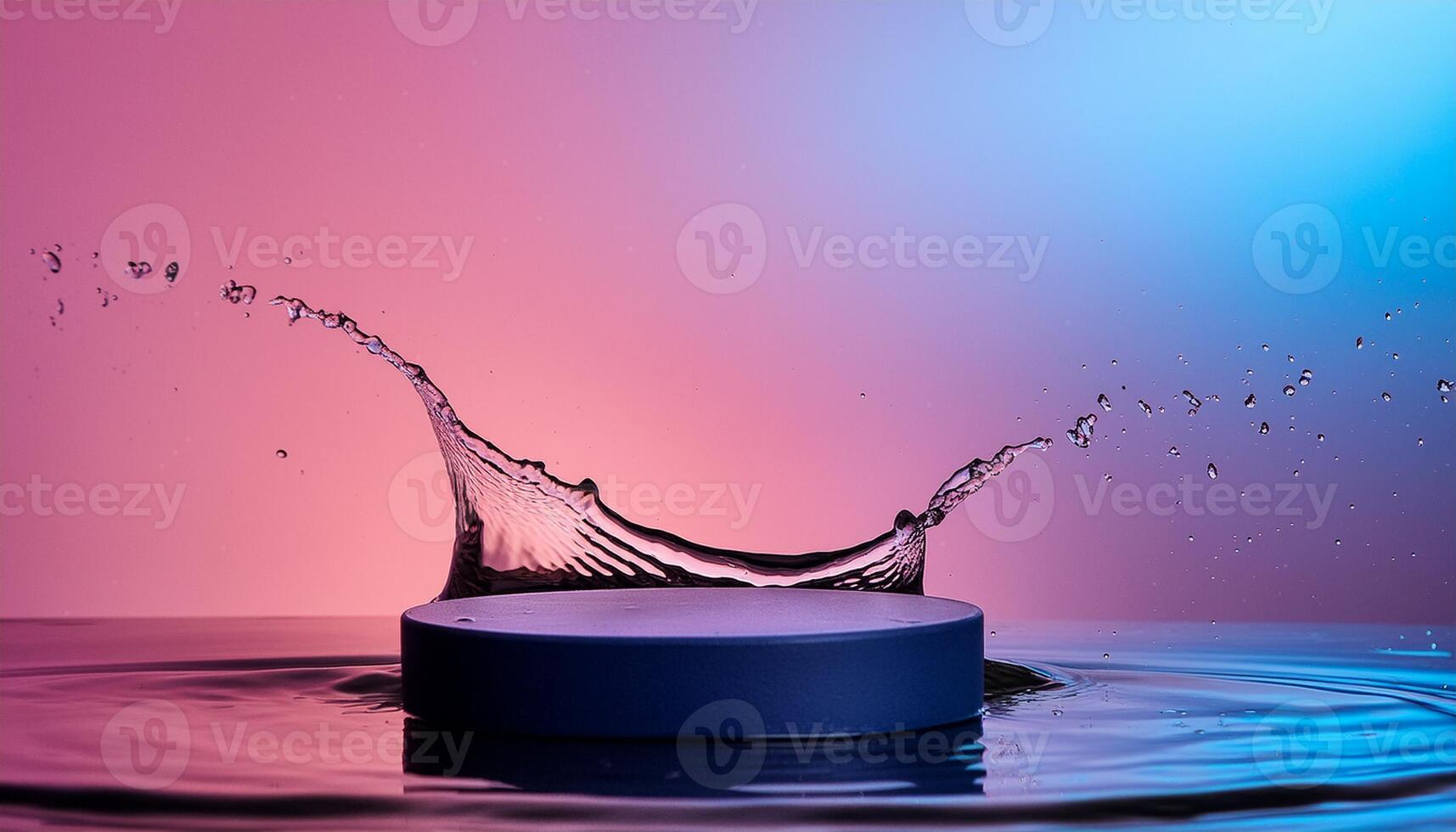 empty blue podium mockup with water splash on a gradient background for product display photo