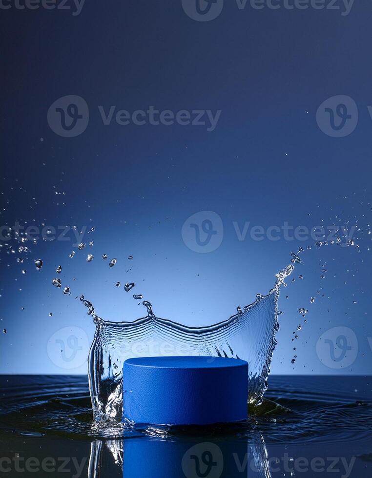 empty blue podium mockup with water splash on a gradient background for product display photo