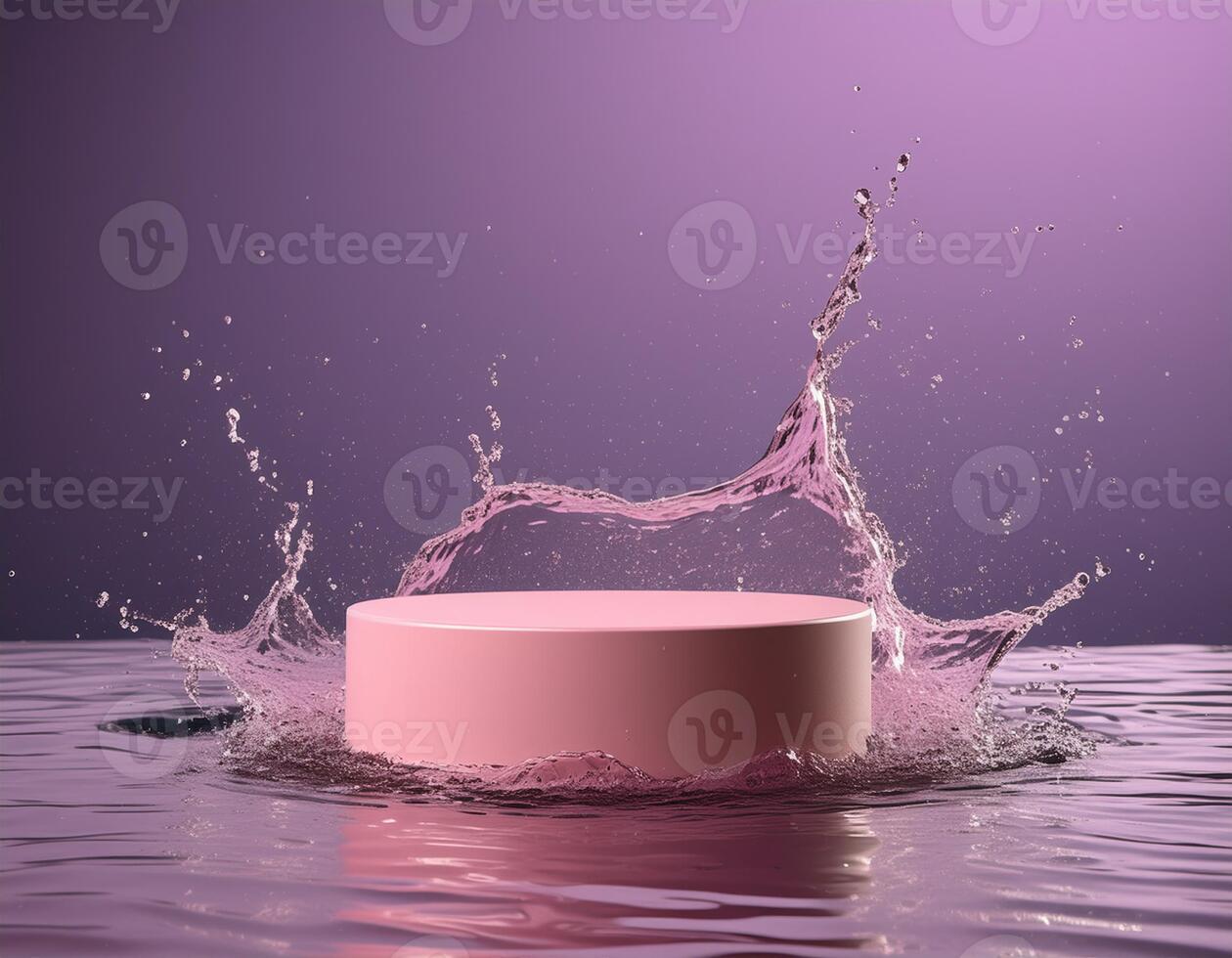 empty pink podium mockup with water splash on a purple gradient background for product display photo