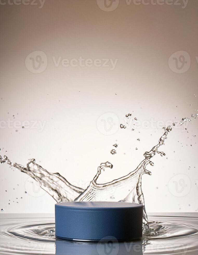 empty blue podium mockup with water splash on a gradient background for product display photo