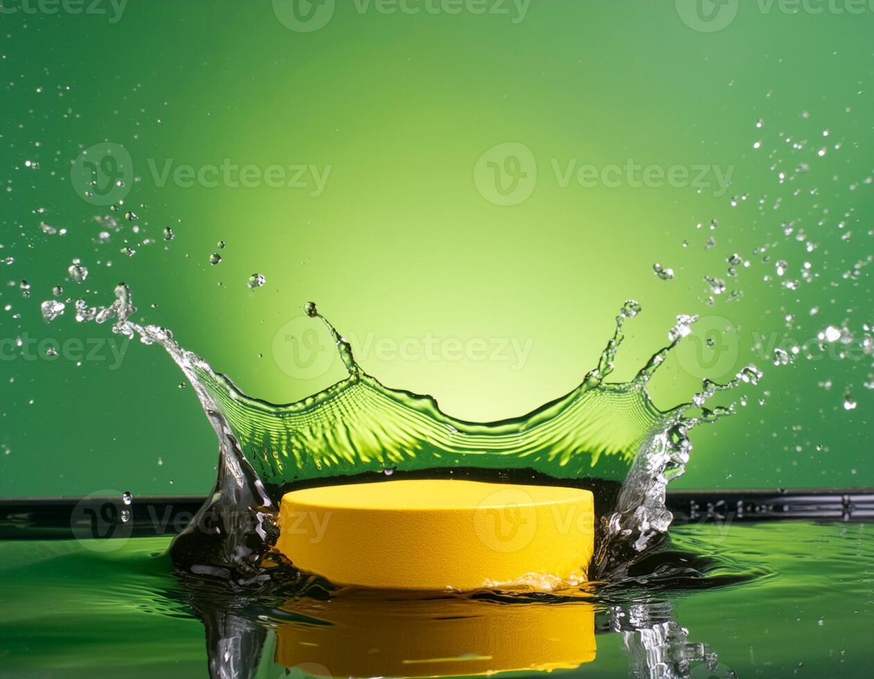 empty yellow podium mockup with water splash on a gradient background for product display photo