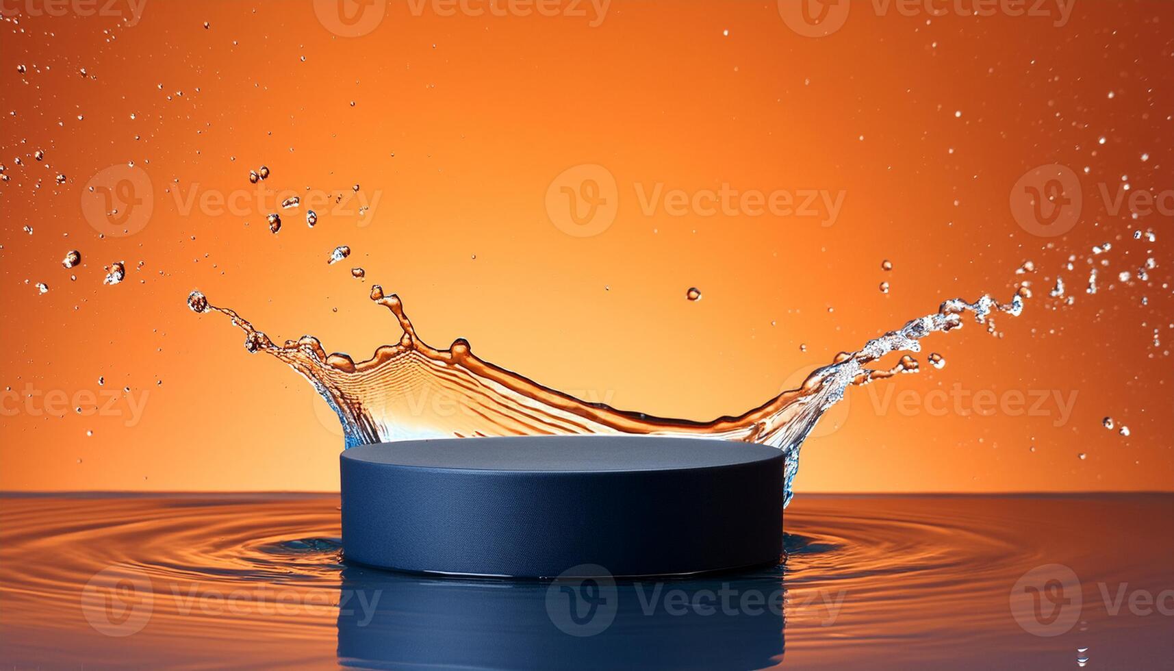 empty blue podium mockup with water splash on a gradient background for product display photo