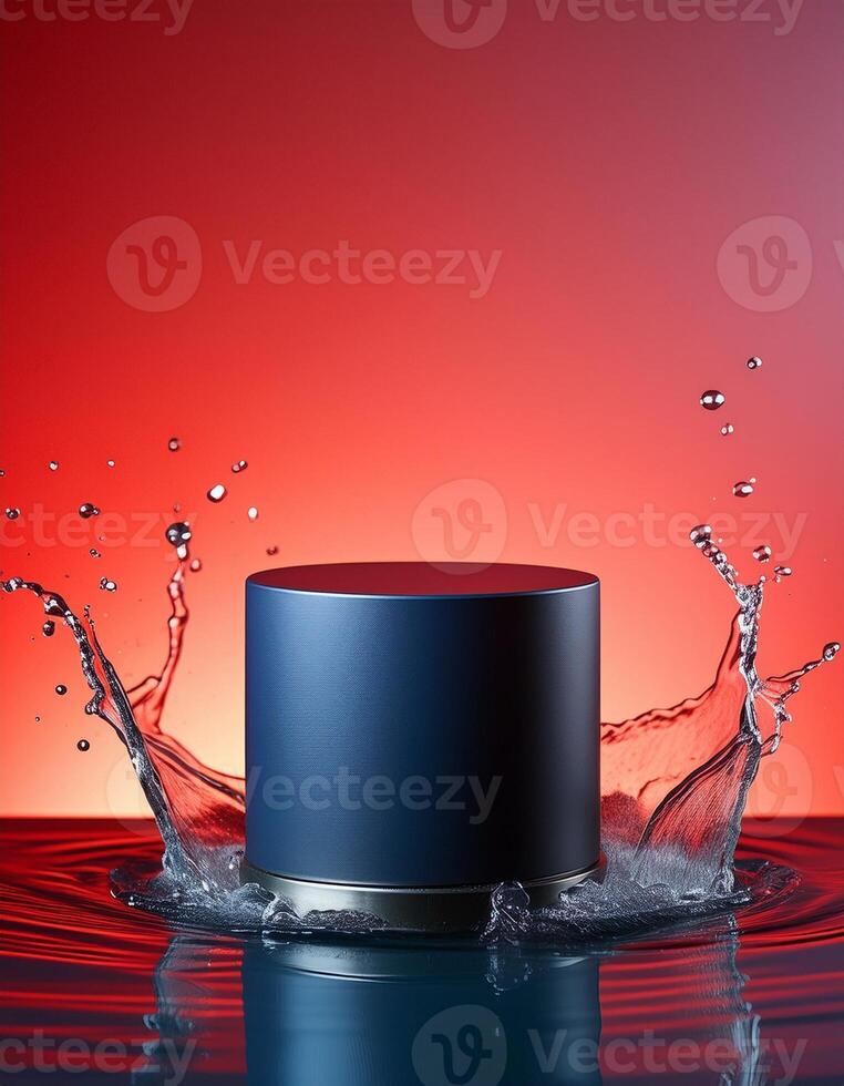 empty blue podium mockup with water splash on a gradient background for product display photo