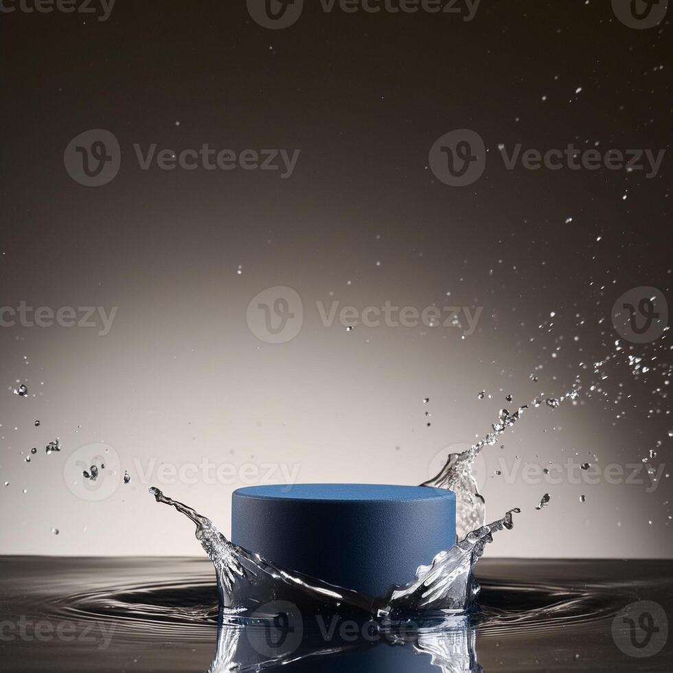 empty blue podium mockup with water splash on a gradient background for product display photo