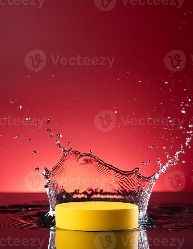 empty yellow podium mockup with water splash on a gradient background for product display photo