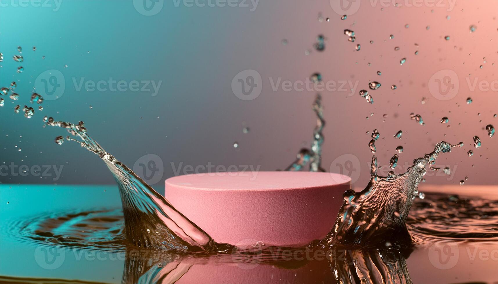 empty pink podium mockup with water splash on a gradient background for product display photo