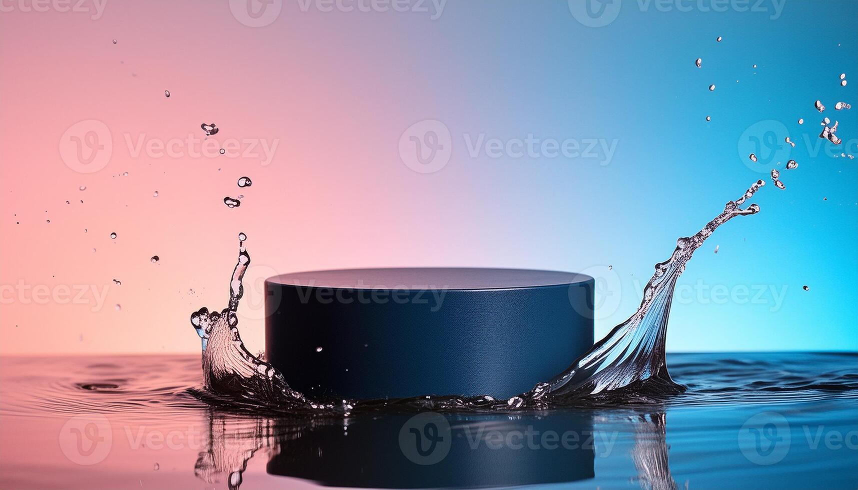 empty blue podium mockup with water splash on a gradient background for product display photo