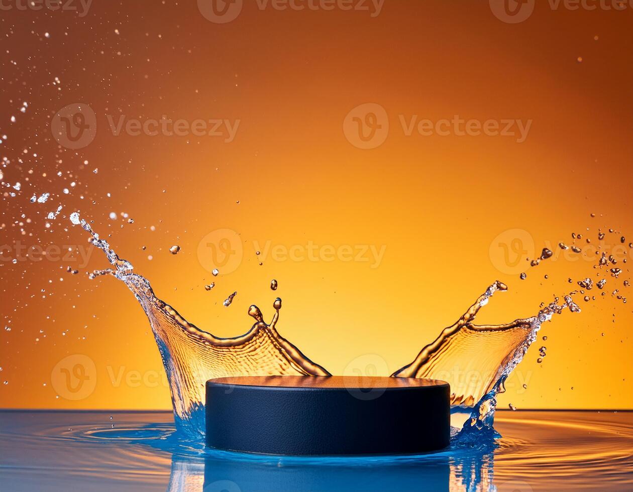 empty blue podium mockup with water splash on a gradient background for product display photo