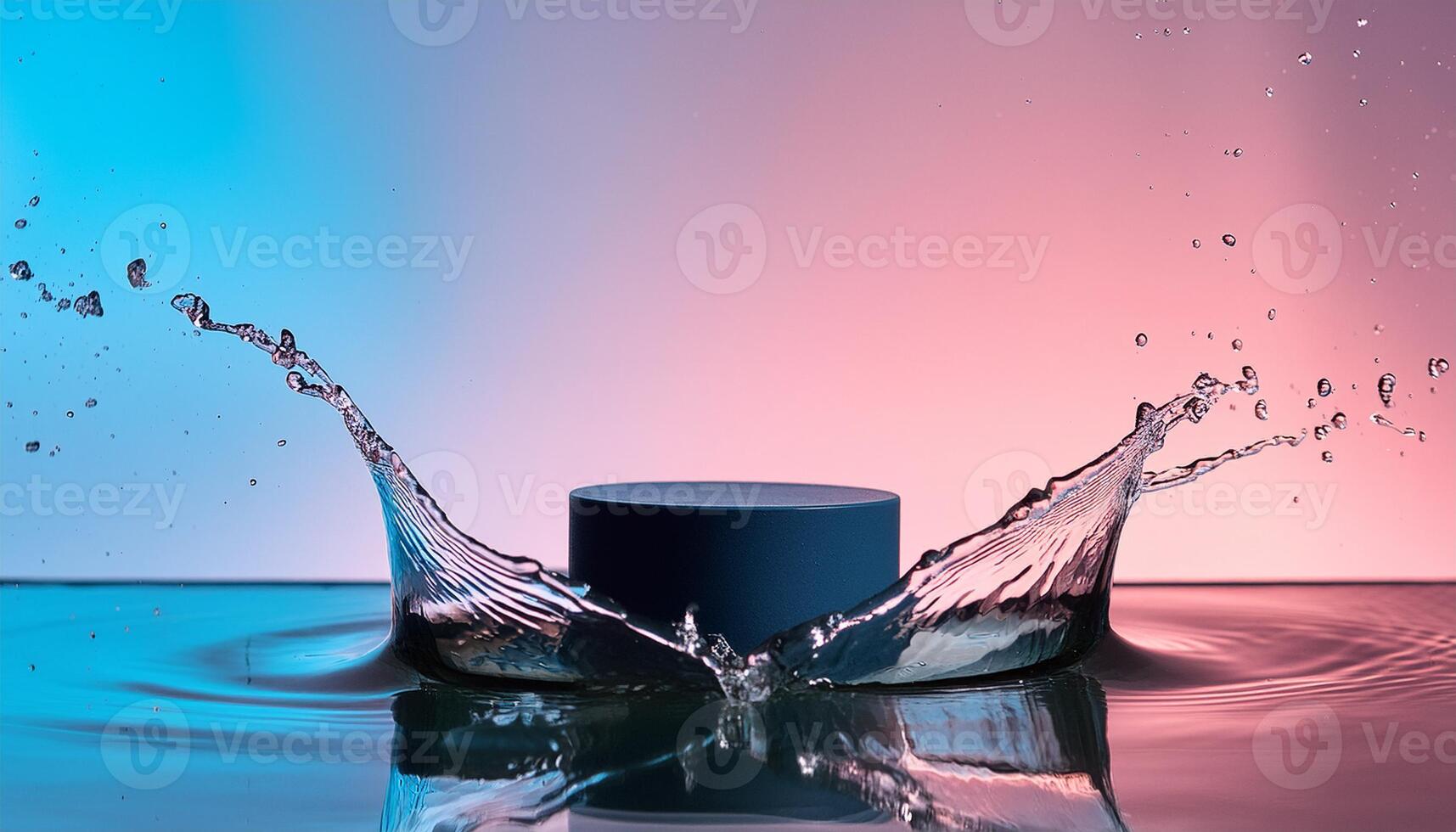 empty blue podium mockup with water splash on a gradient background for product display photo