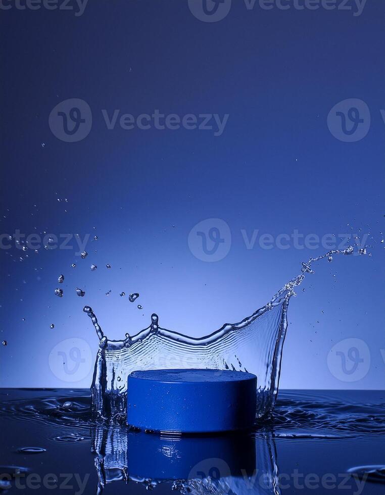 empty blue podium mockup with water splash on a gradient background for product display photo