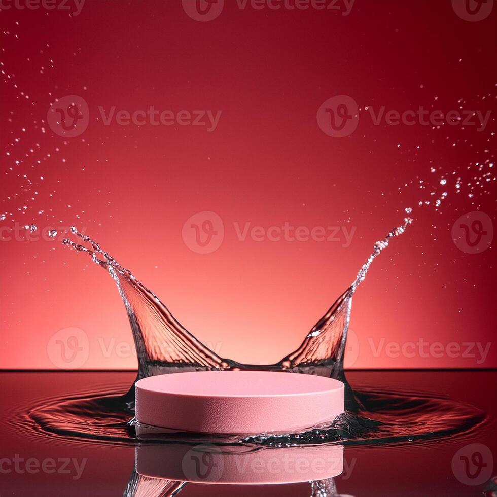 empty pink podium mockup with water splash on a red gradient background for product display photo