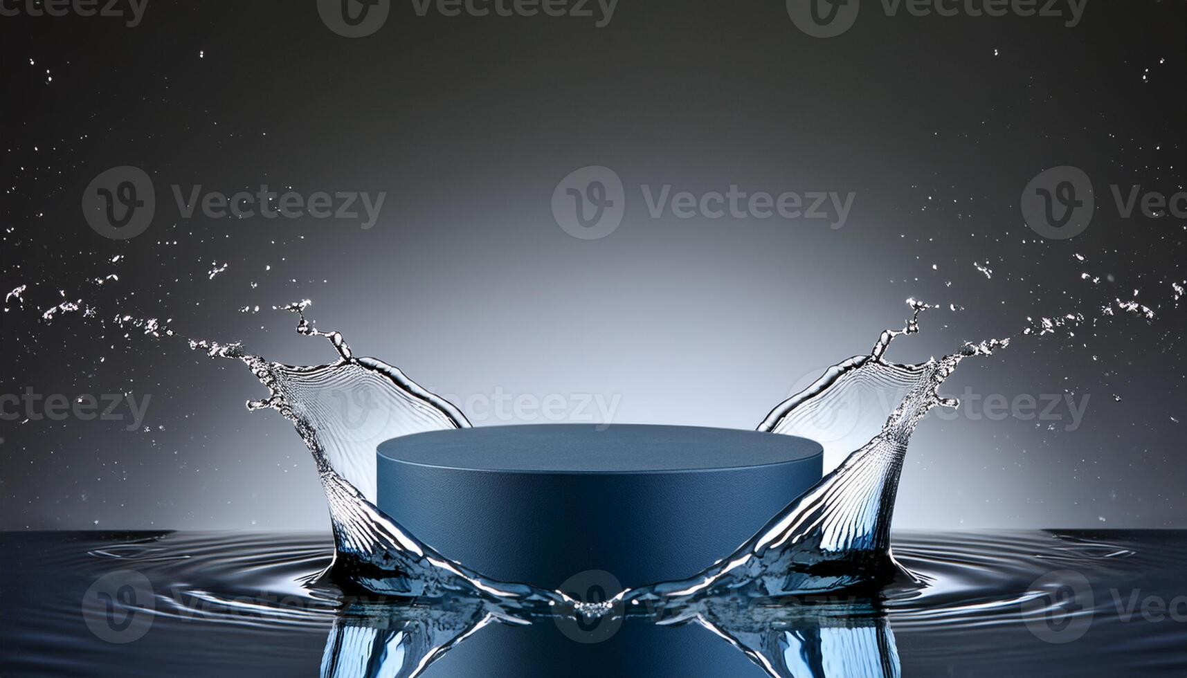 empty blue podium mockup with water splash on a gradient background for product display photo