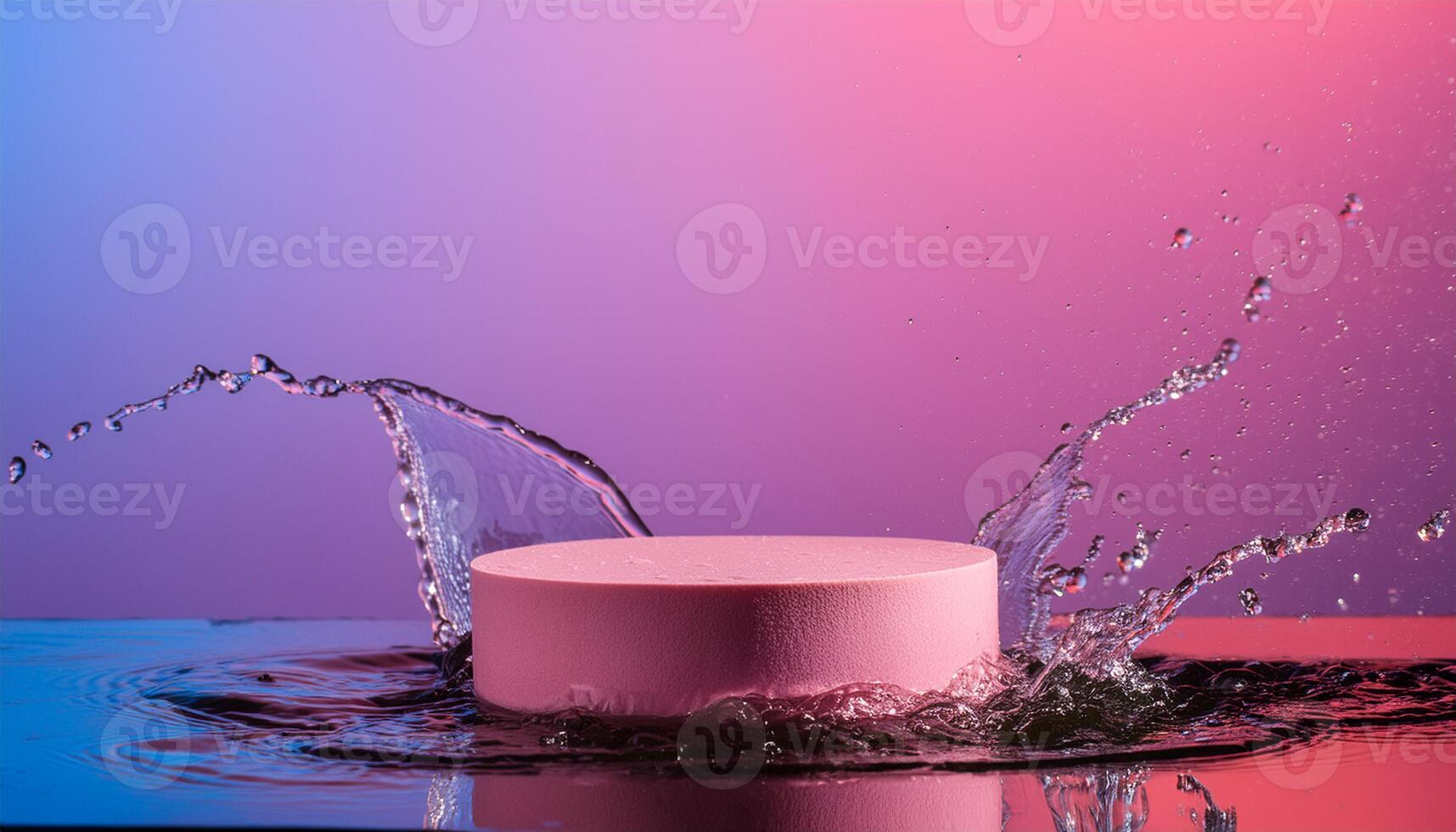 empty pink podium mockup with water splash on a purple gradient background for product display photo