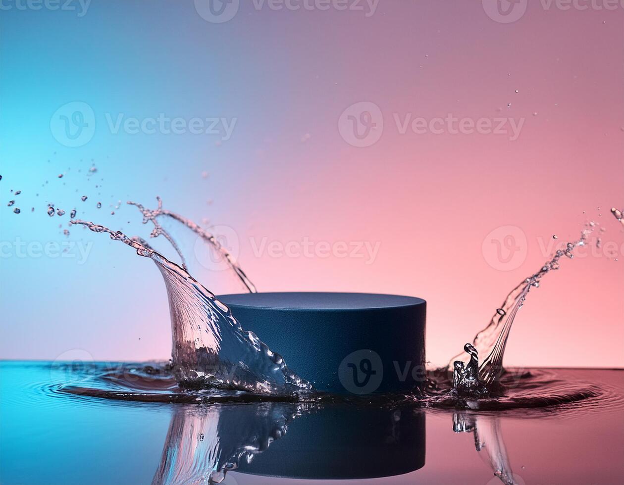 empty blue podium mockup with water splash on a gradient background for product display photo