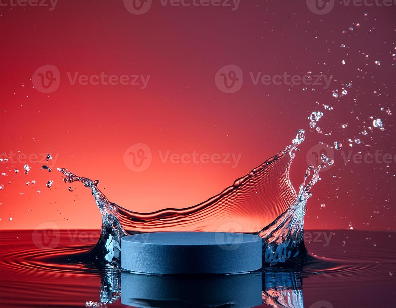 empty blue podium mockup with water splash on a gradient background for product display photo