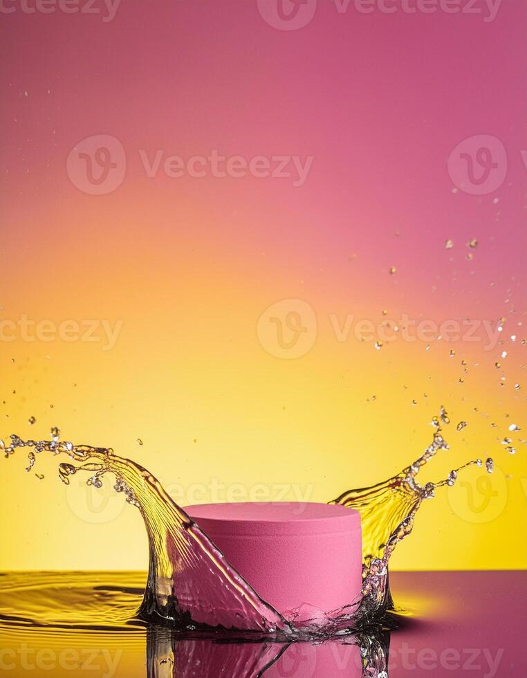 empty pink podium mockup with water splash on a pink and yellow gradient background for product display photo
