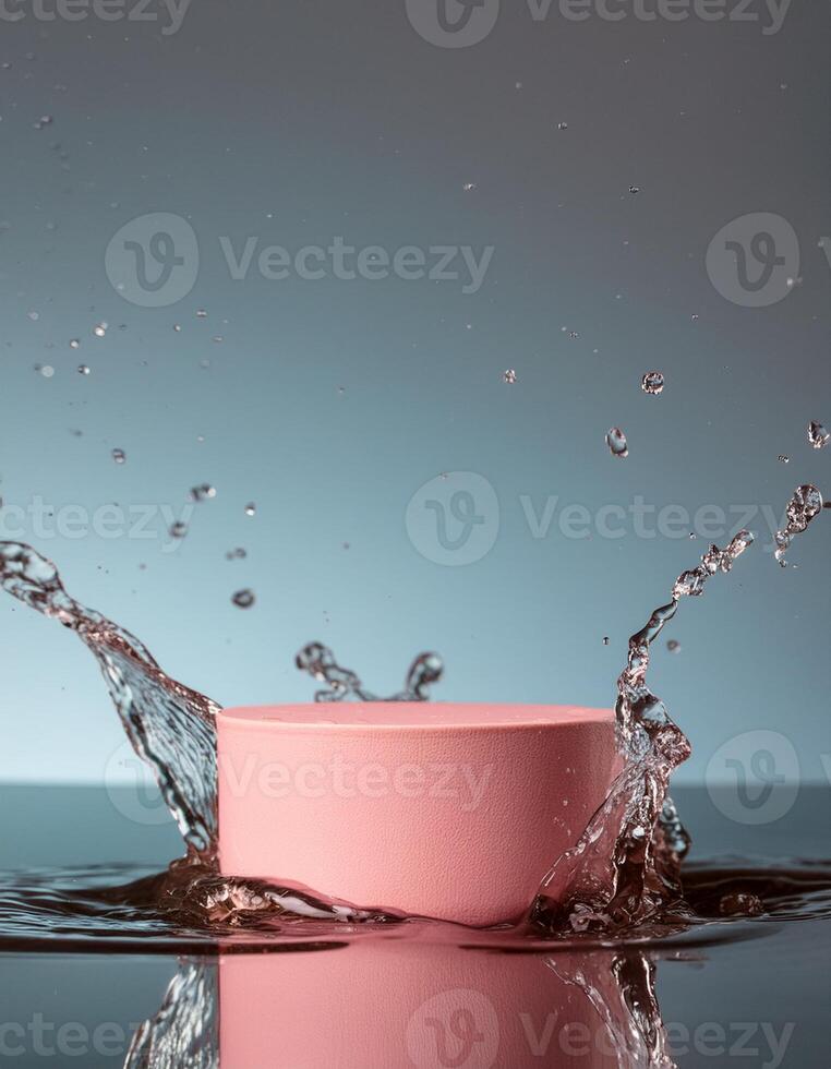 empty pink podium mockup with water splash on a blue gradient background for product display photo