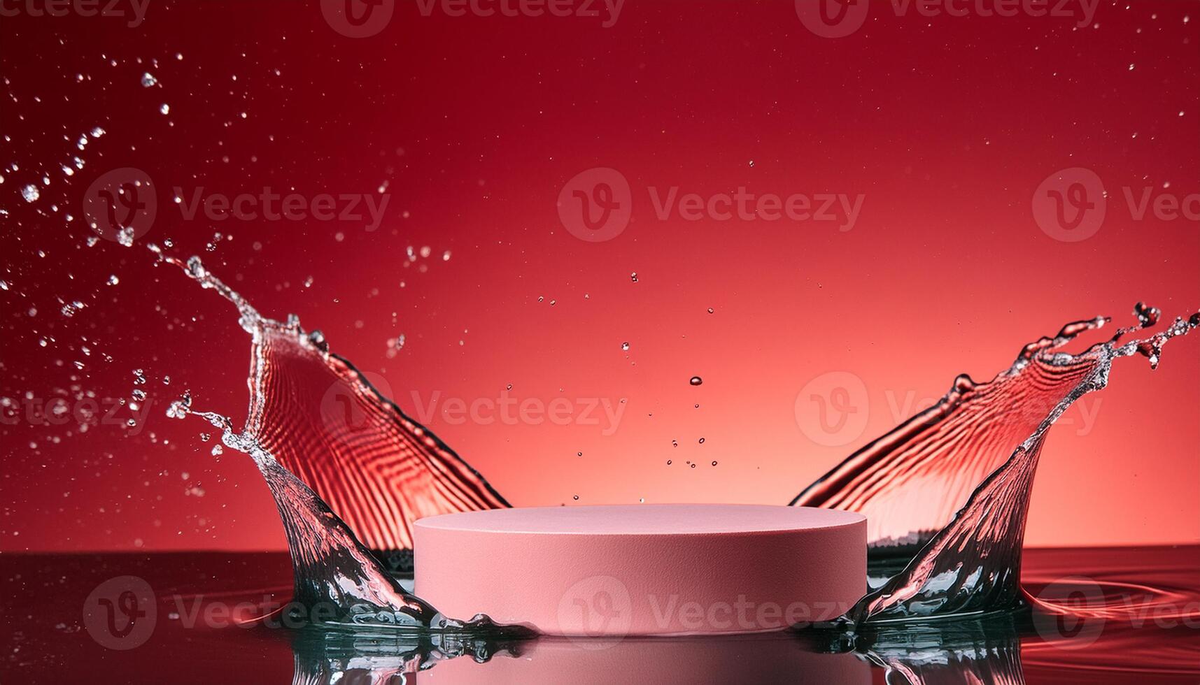 empty pink podium mockup with water splash on a red gradient background for product display photo