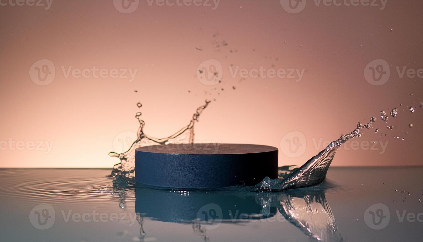 empty blue podium mockup with water splash on a gradient background for product display photo