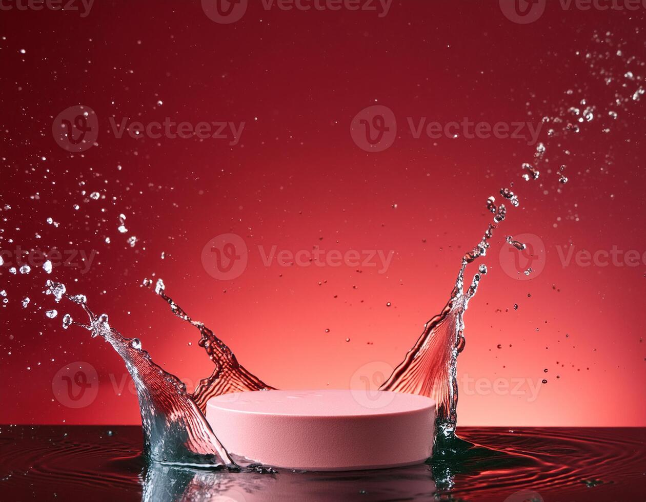 empty pink podium mockup with water splash on a red gradient background for product display photo