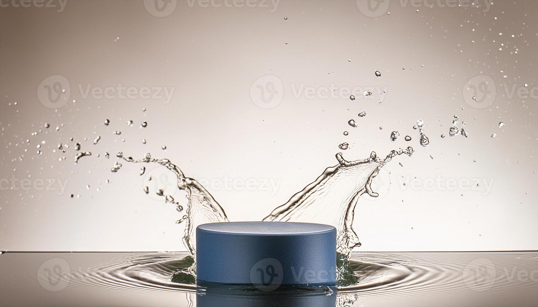 empty blue podium mockup with water splash on a gradient background for product display photo