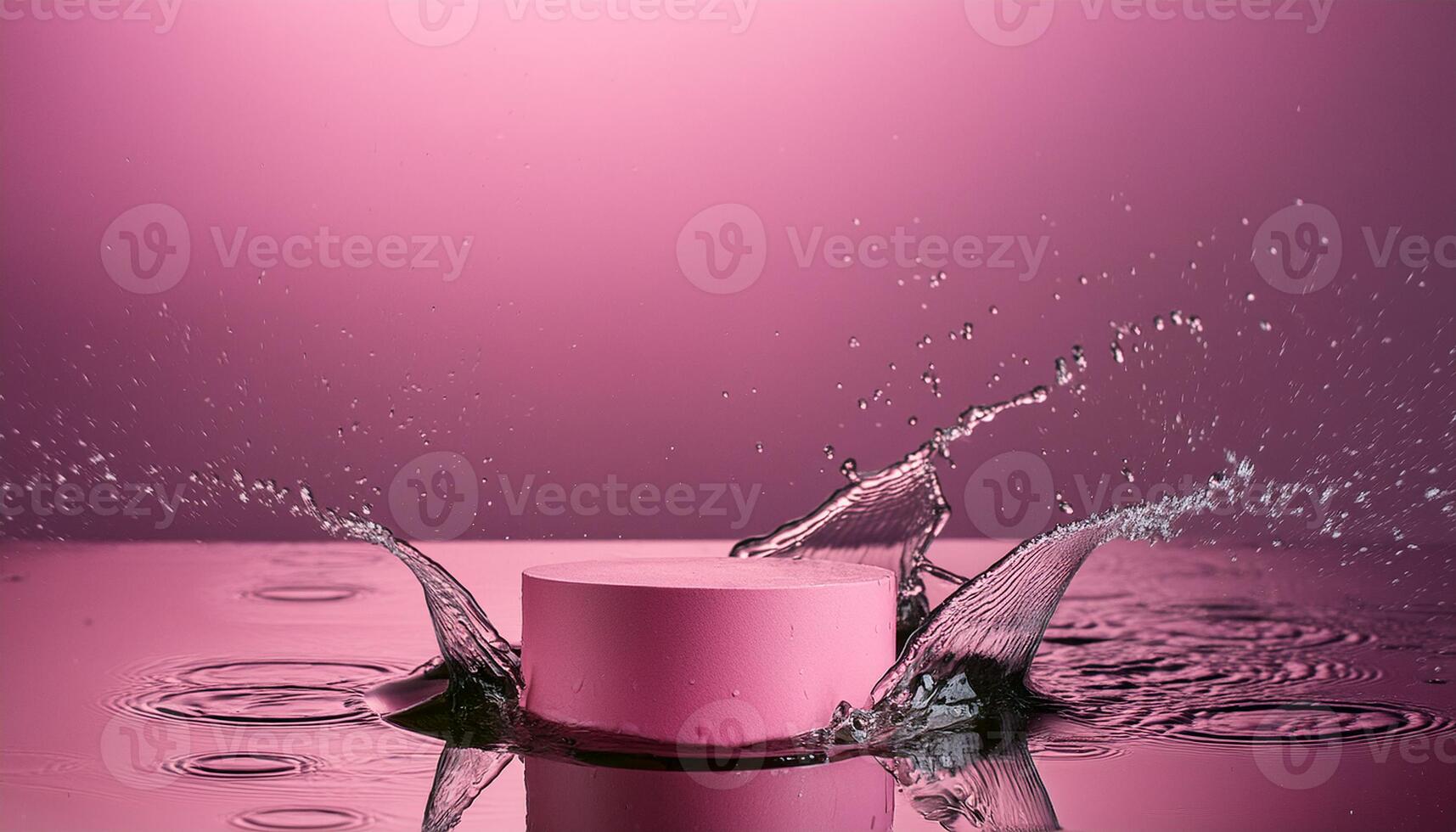empty pink podium mockup with water splash on a pink gradient background for product display photo