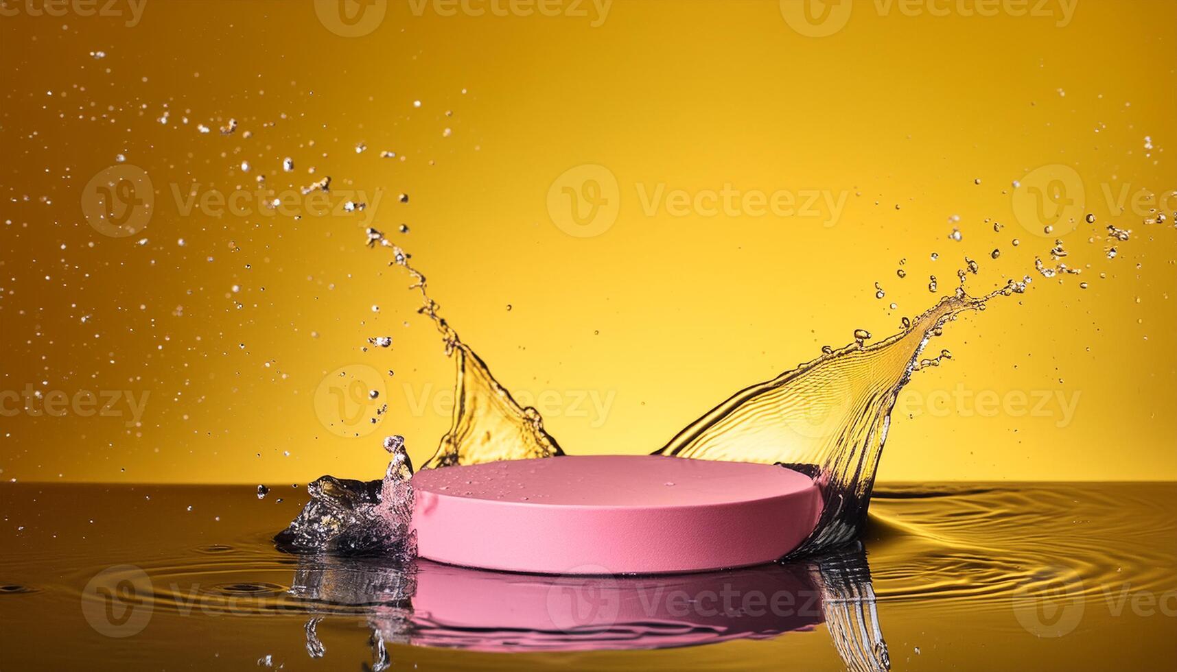 empty pink podium mockup with water splash on a yellow gradient background for product display photo