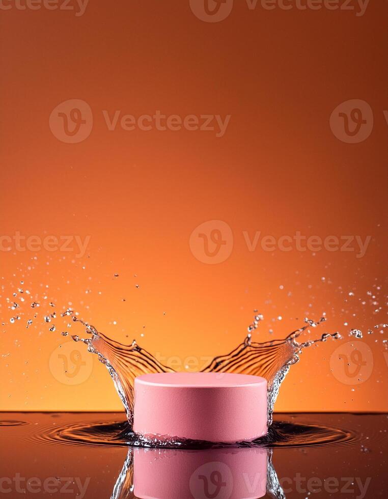 empty pink podium mockup with water splash on a orange gradient background for product display photo