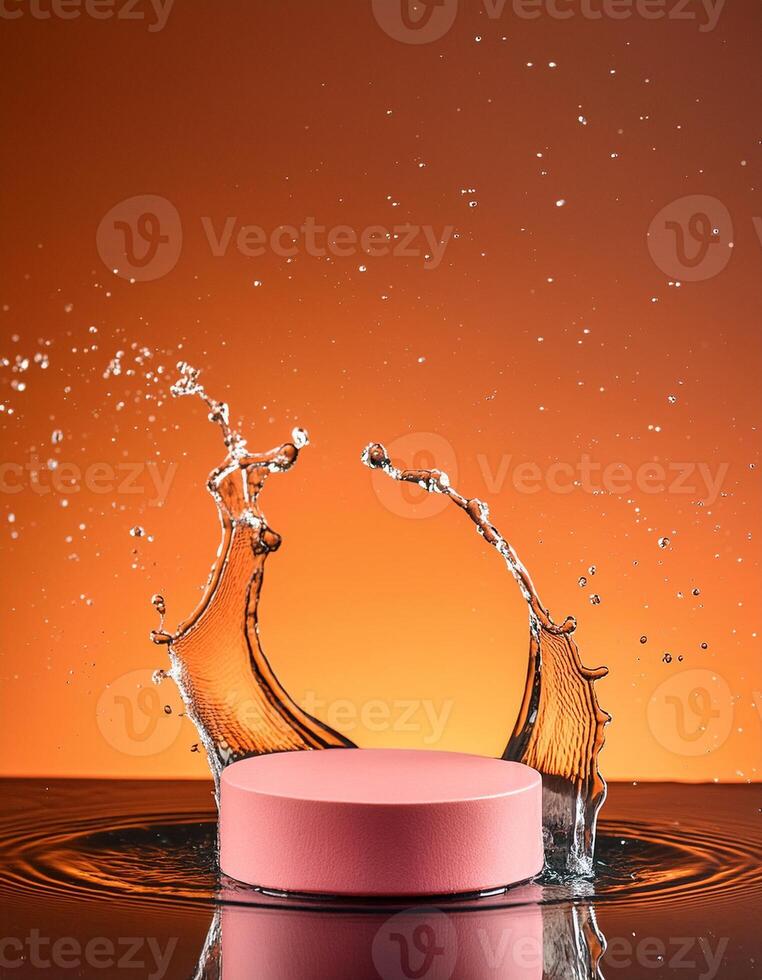 empty pink podium mockup with water splash on a orange gradient background for product display photo