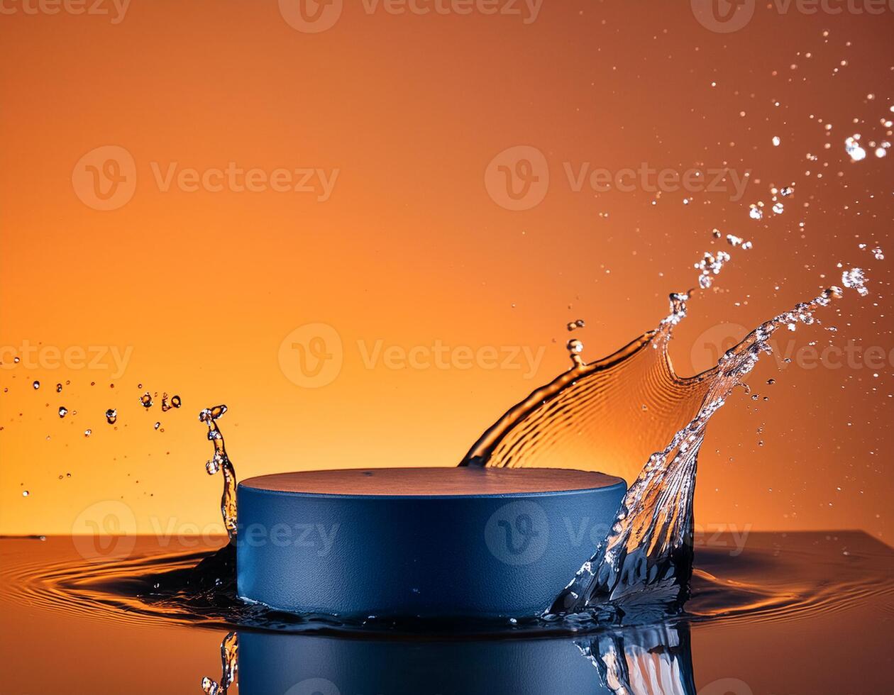 empty blue podium mockup with water splash on a gradient background for product display photo