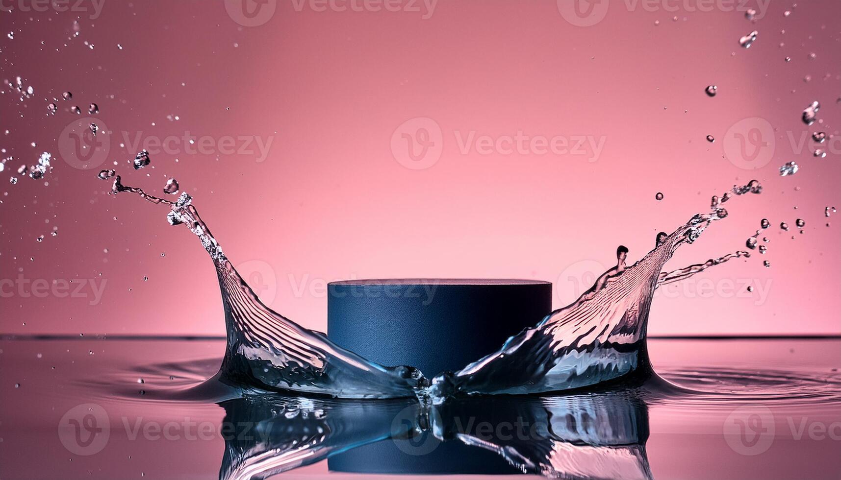 empty blue podium mockup with water splash on a gradient background for product display photo