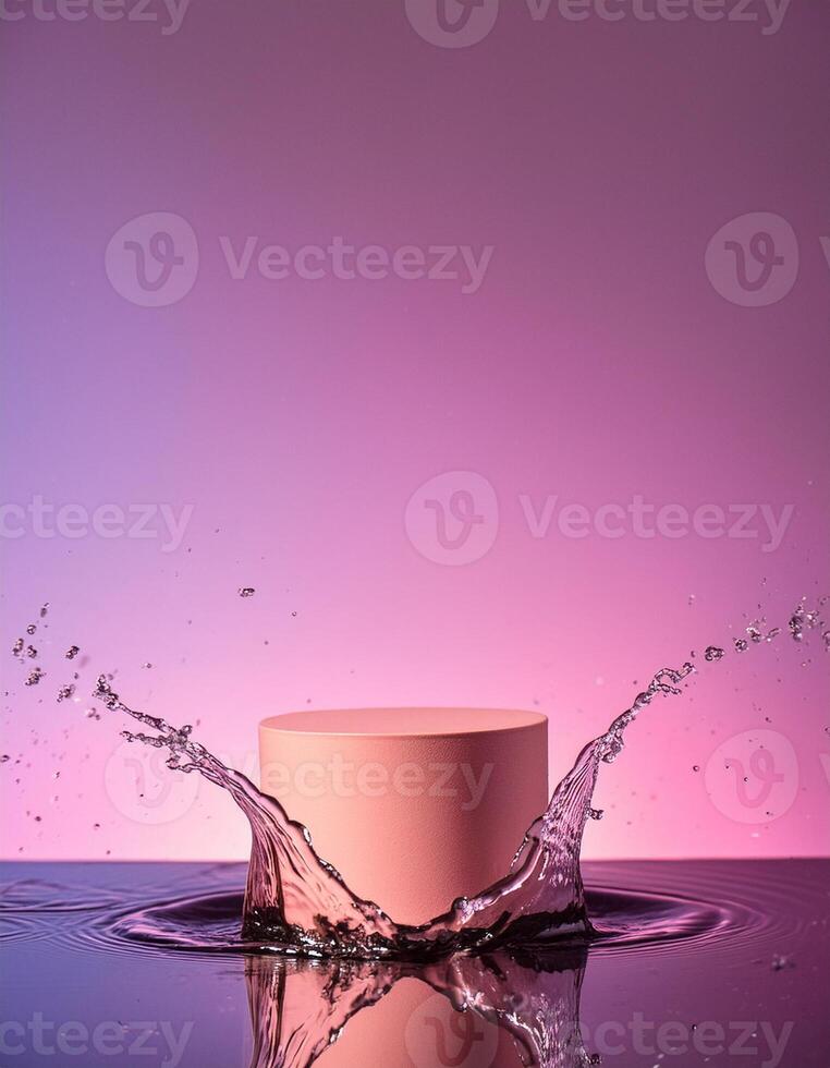 empty pink podium mockup with water splash on a pink gradient background for product display photo