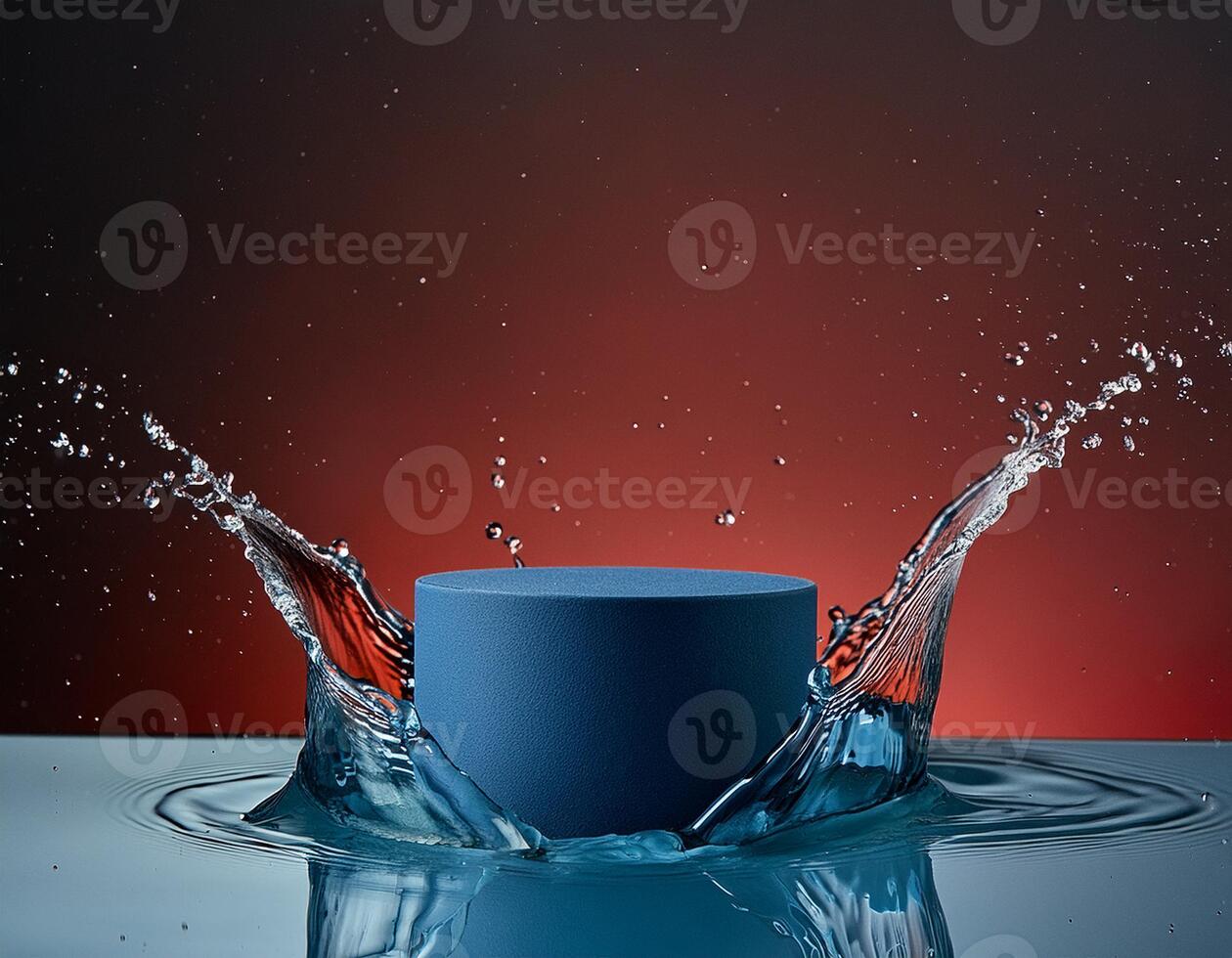 empty blue podium mockup with water splash on a gradient background for product display photo