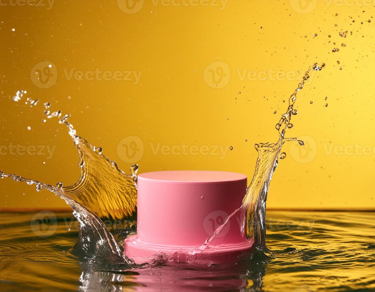empty pink podium mockup with water splash on a yellow gradient background for product display photo