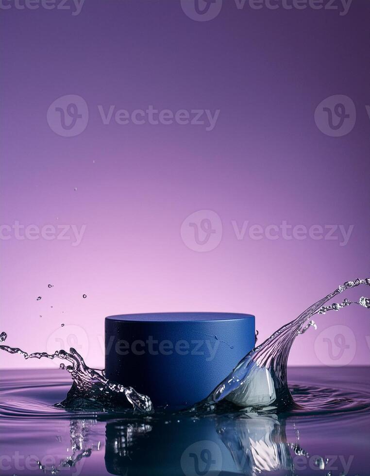 empty blue podium mockup with water splash on a gradient background for product display photo