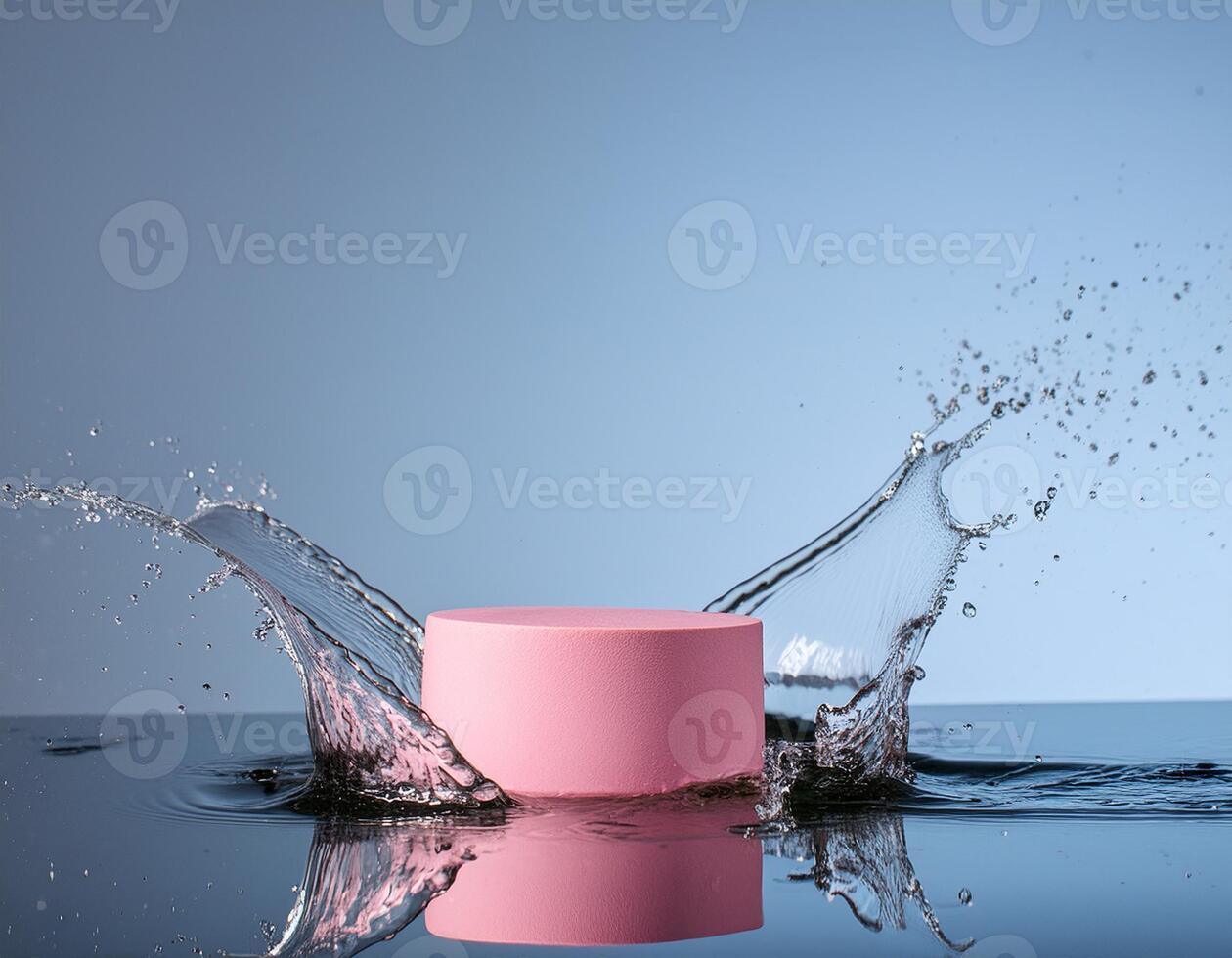 empty pink podium mockup with water splash on a blue gradient background for product display photo