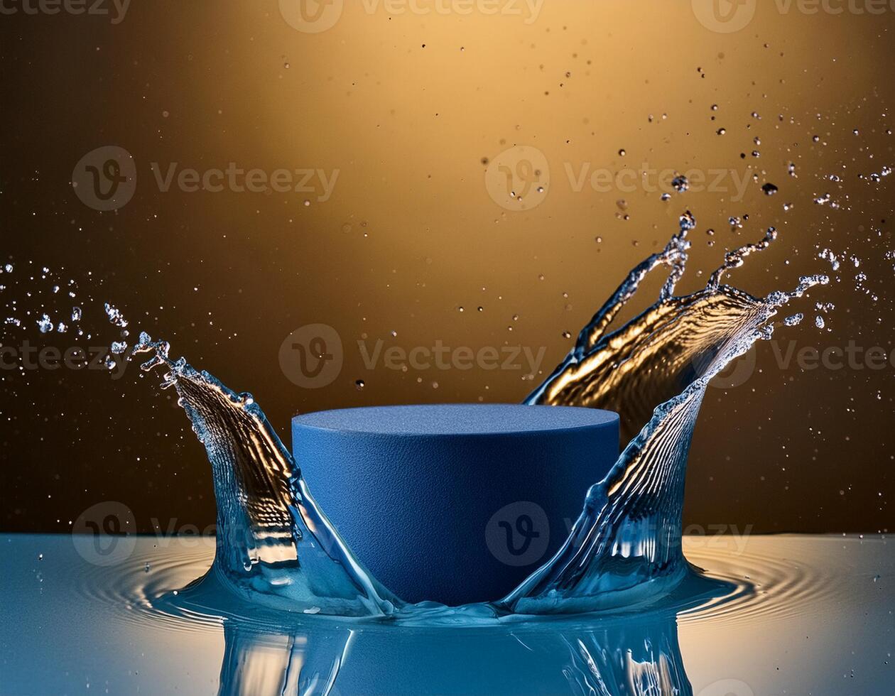 empty blue podium mockup with water splash on a gradient background for product display photo