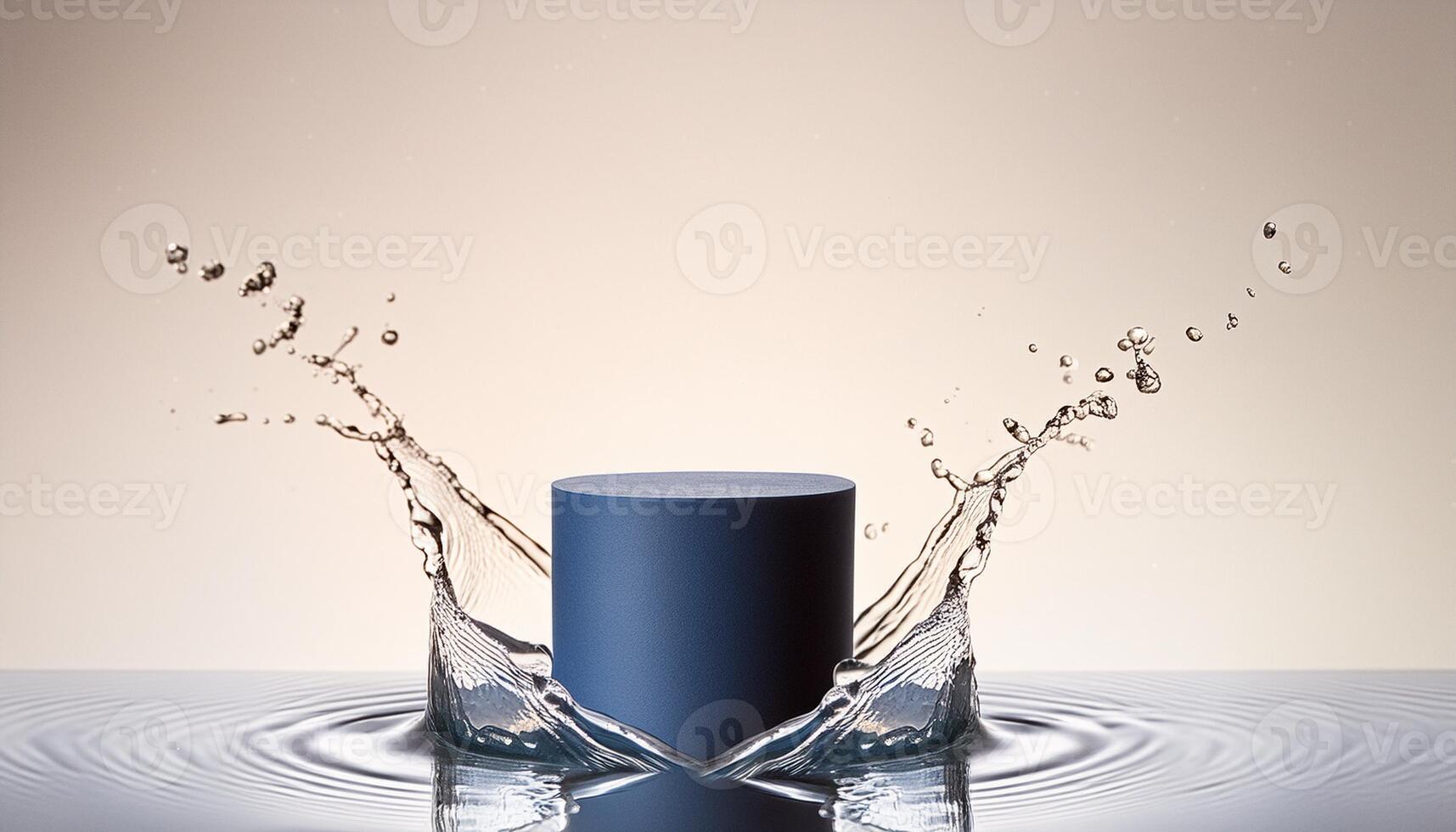 empty blue podium mockup with water splash on a gradient background for product display photo